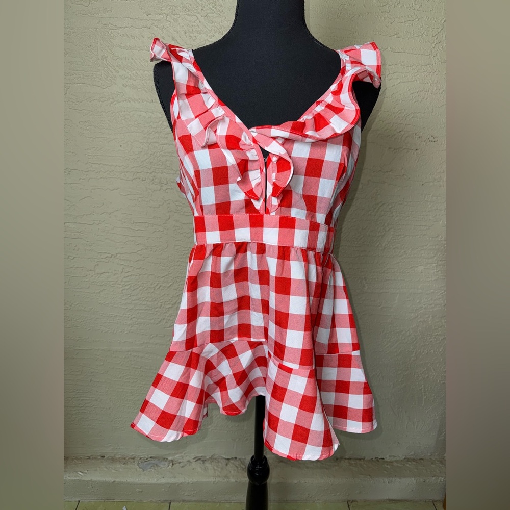 BiBi Red Gingham Ruffle Peplum Top M Cottagecore Picnic Coquette Blouse - Picture 4 of 9